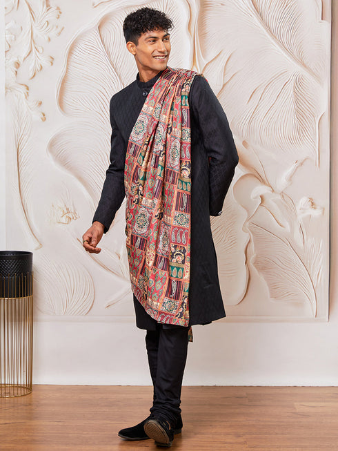 Men's Black Silk Blend Sherwani Kurta Pyjama And Dupata Set